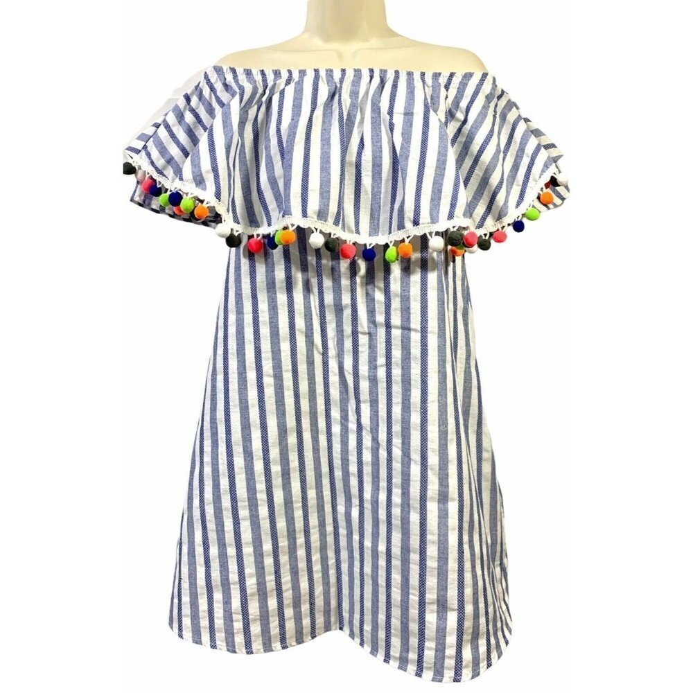 Bellamie Off The Shoulder Tunic Dress Striped Pom Pom Linen Blend Fun Small